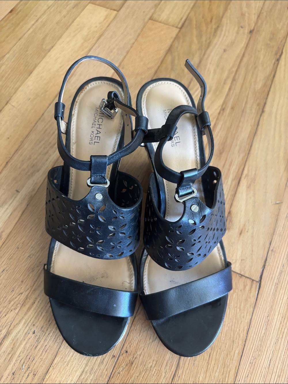 MICHAEL Michael Kors Black Laser-Cut Leather Wedge Sandals